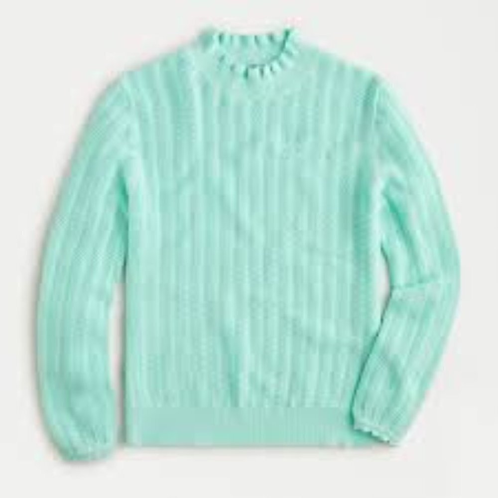 J. CREW Pointelle Sweater Women's size S Light Mint Green Lightweight Ruffle